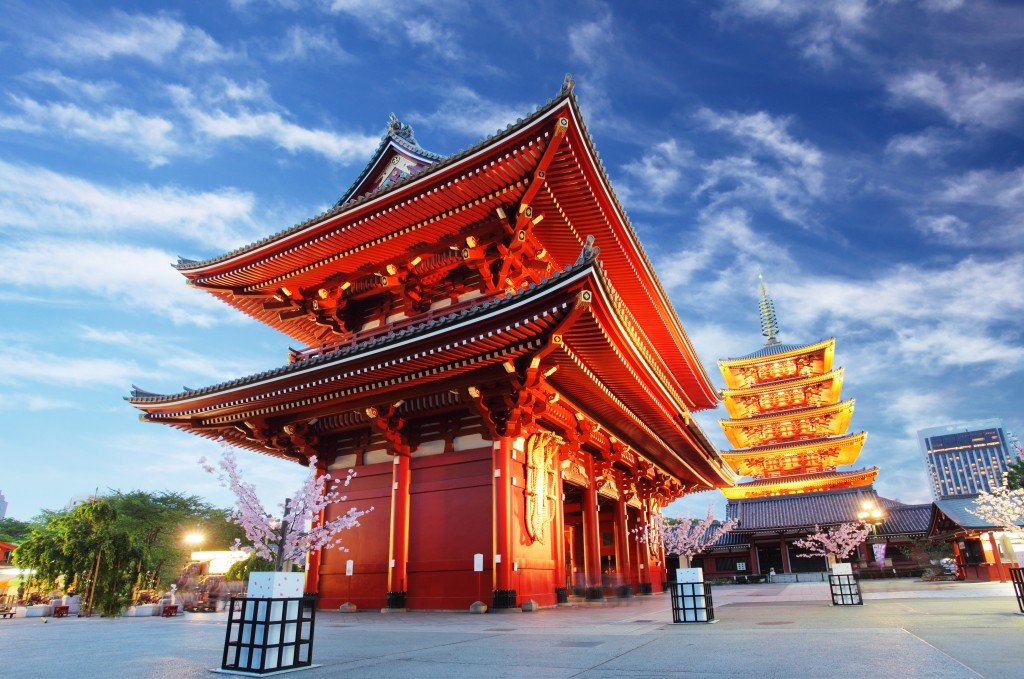 Asakusa temple with pagoda at night, Tokyo, Japan